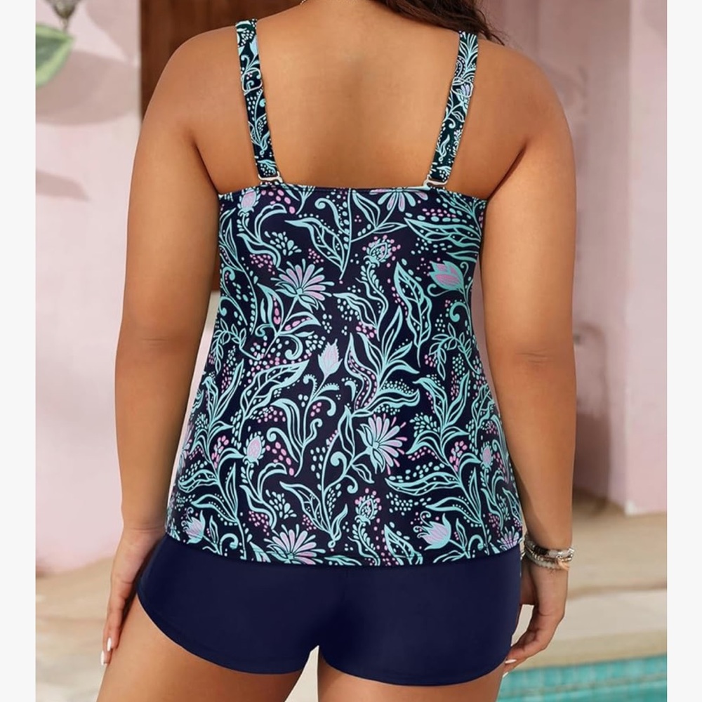 Yonique Plus Size Tummy Control Tankini with Boyshorts Athletic Swimwear - Picture 3 of 14
